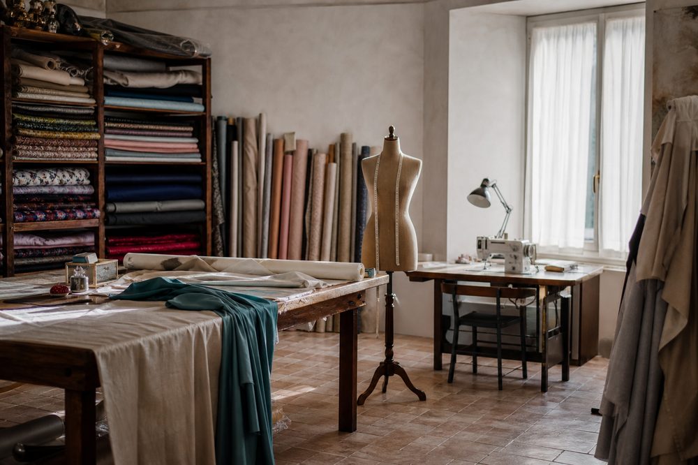 Italian wool and linen fabrics on bolts
